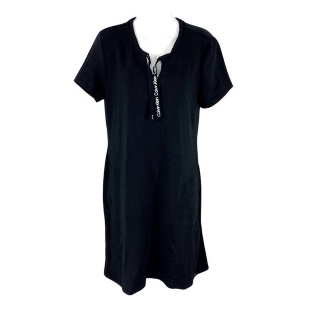NWT Calvin Klein black sweatshirt t-shirt drawstring tie neck dress OO23